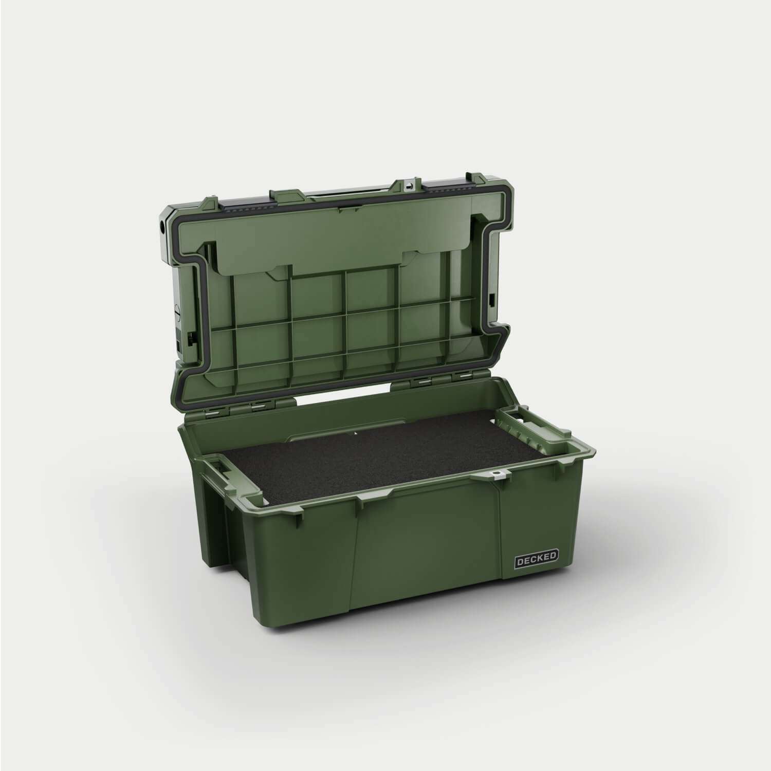 [A0010-SIXR-GRN] Side angle view of the Ranger Green Sixer 16 open with the custom foam inside (sold separately)