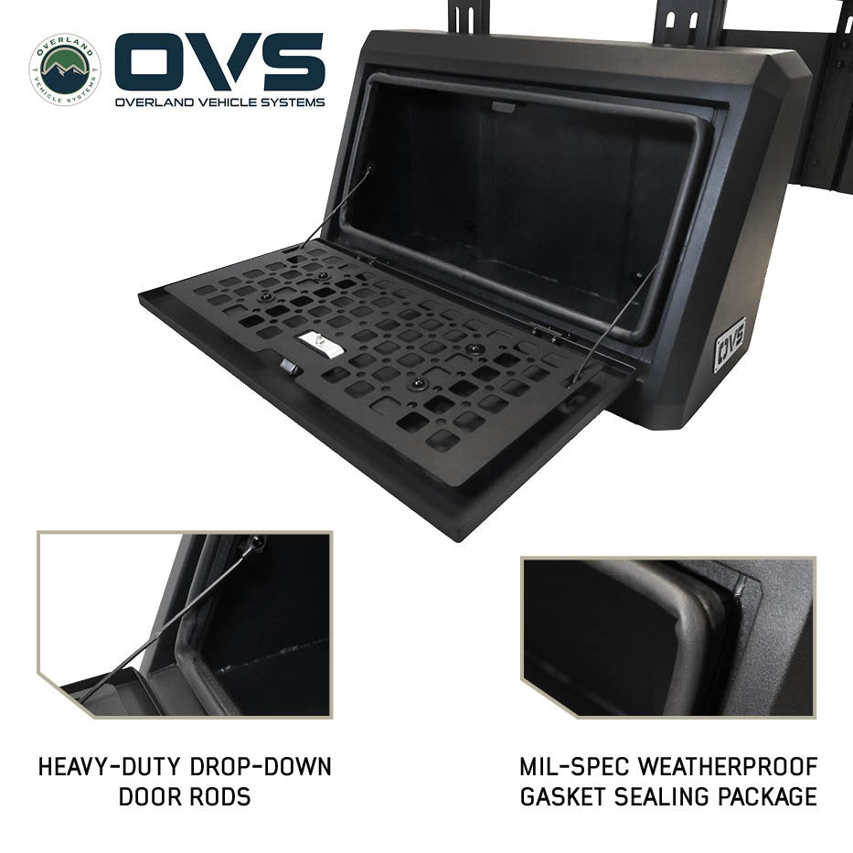 Pod Rack Universal Bed Storage System with Adjustable Crossbars and Lock Latches Open Door