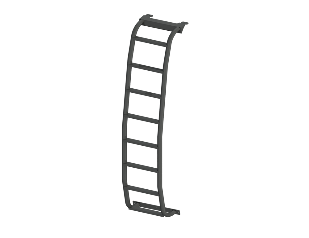 3D model rendering of the ROAMBUILT Straight Side Ladder for Mercedes Sprinter vans, shown uninstalled with mounting brackets and full-length view of ladder structure.