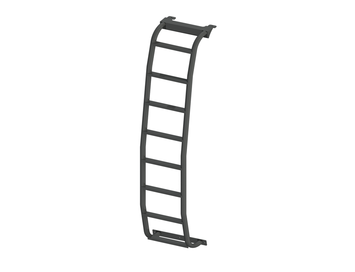 3D model rendering of the ROAMBUILT Straight Side Ladder for Mercedes Sprinter vans, shown uninstalled with mounting brackets and full-length view of ladder structure.