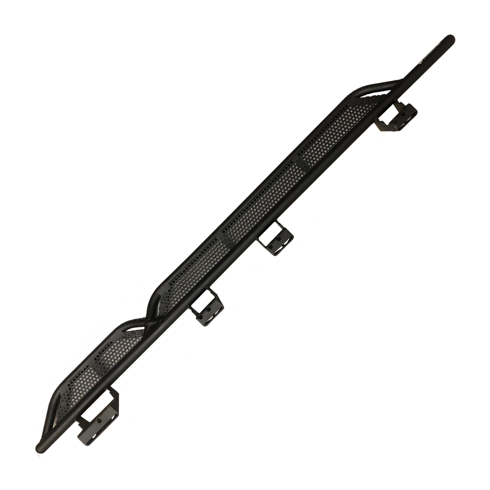 Top-down view of the full ROAMBUILT Passenger Side Tube Step unmounted, showing its length and perforated aluminum decking from front to back.