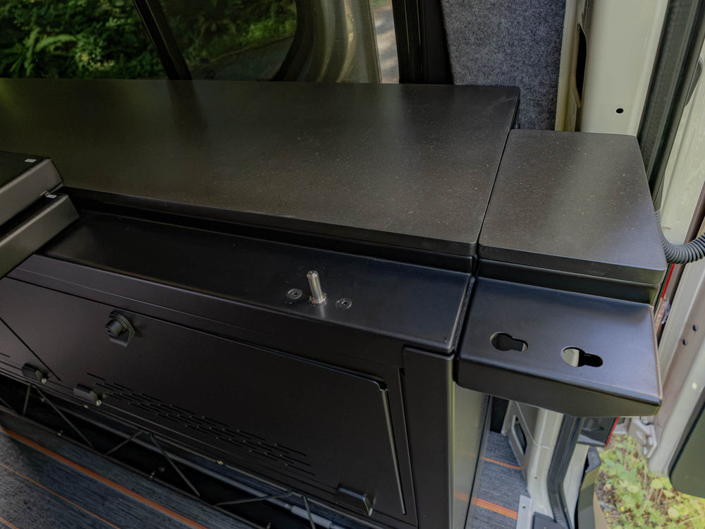 Installed Modular Cabinet Bed System for Sprinter & Transit showing bed panel pin and durable counter top