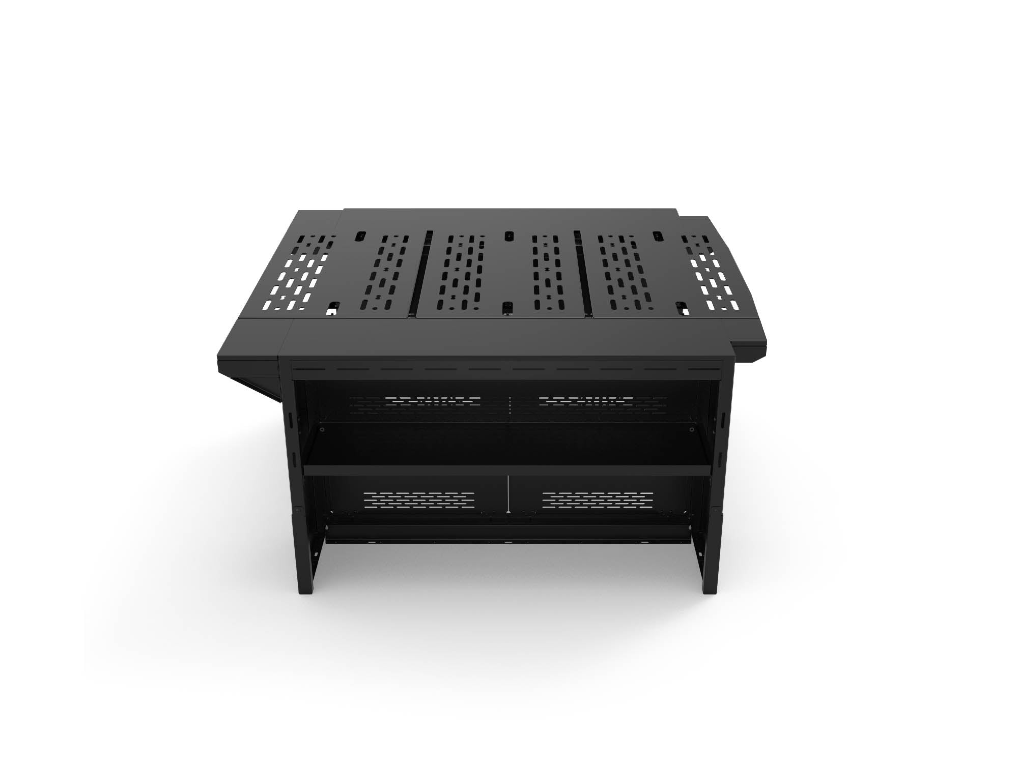 Side view of Modular Cabinet Bed System for Sprinter & Transit in North-South orientation, showing inside of the cabinet
