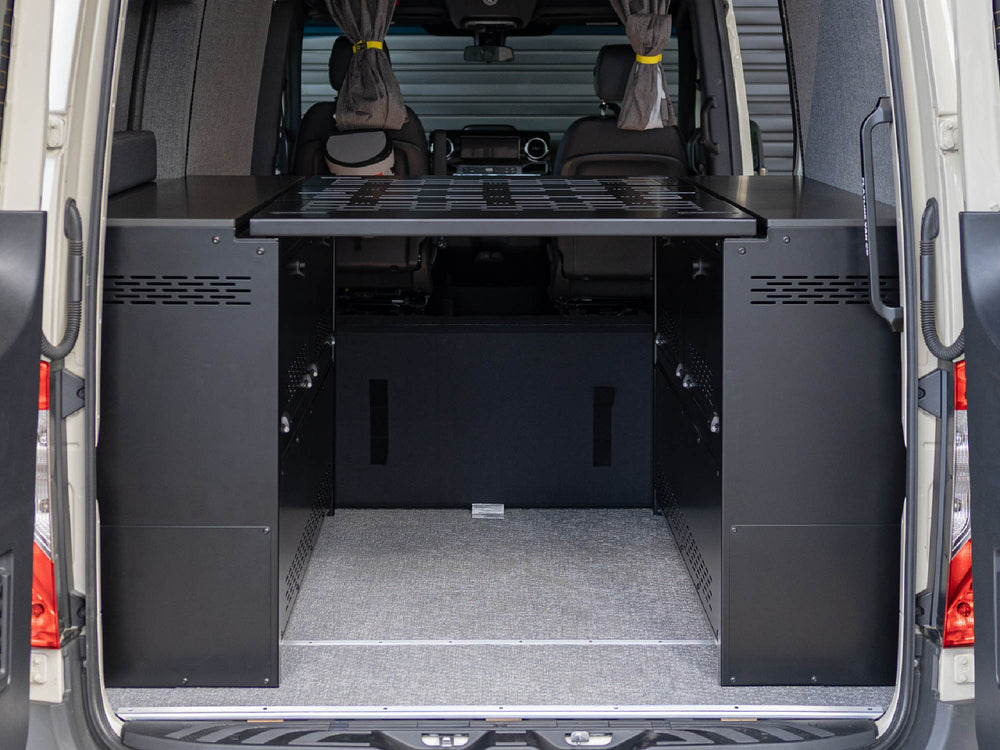 View of installed Modular Cabinet Bed System for Sprinter & Transit in East-West orientation from the rear