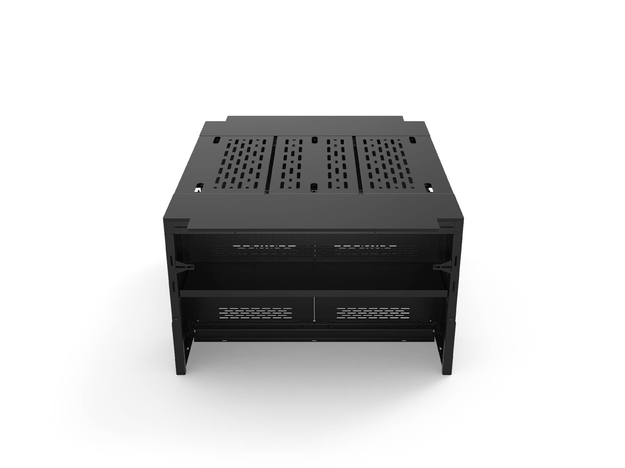 Side view of Modular Cabinet Bed System for Sprinter & Transit in East-West orientation with included flare extensions in use, showing inside of the cabinet