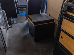 Portable Toilet Storage Cubby for camping weekends with custom-sized seat pad on top of bamboo lid