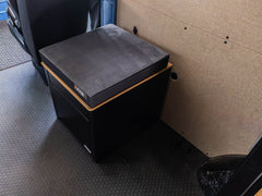 Portable Toilet Storage Cubby installed in adventure van ready for family weekends
