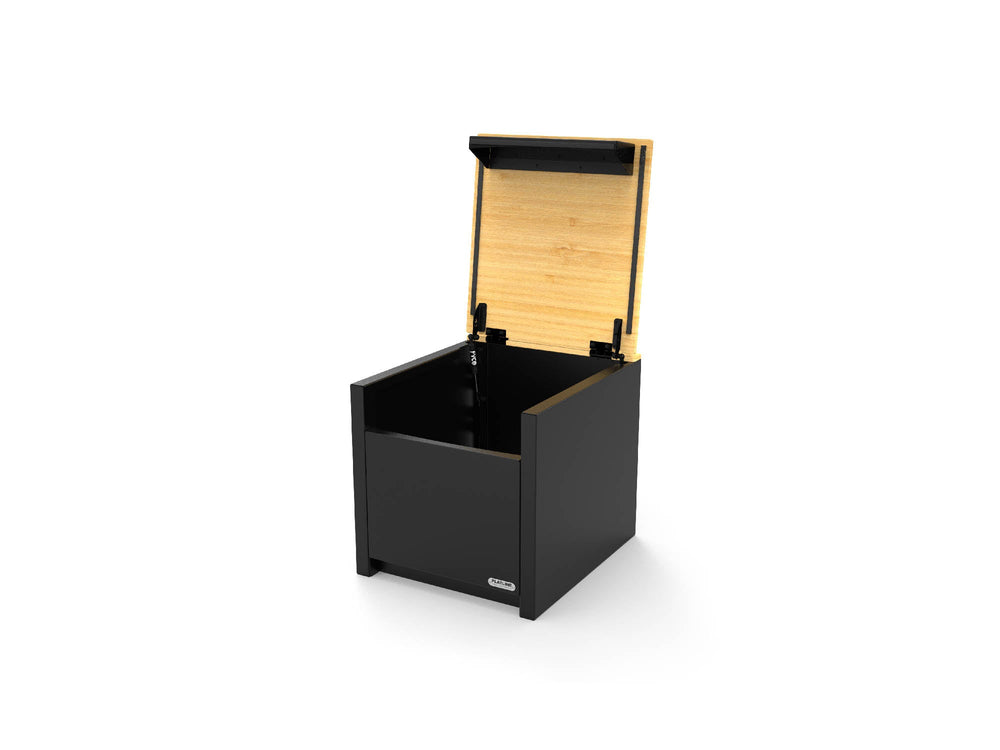 Angled view of Portable Toilet Storage Cubby with bamboo lid top open