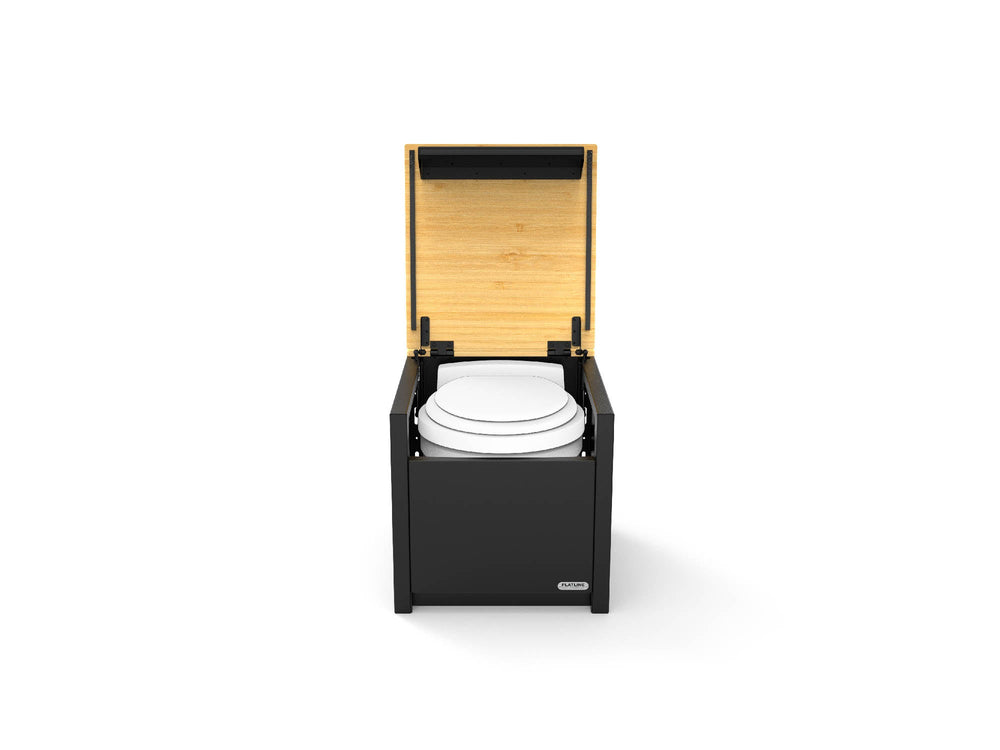 Portable Toilet Storage Cubby with lid open and toilet inside