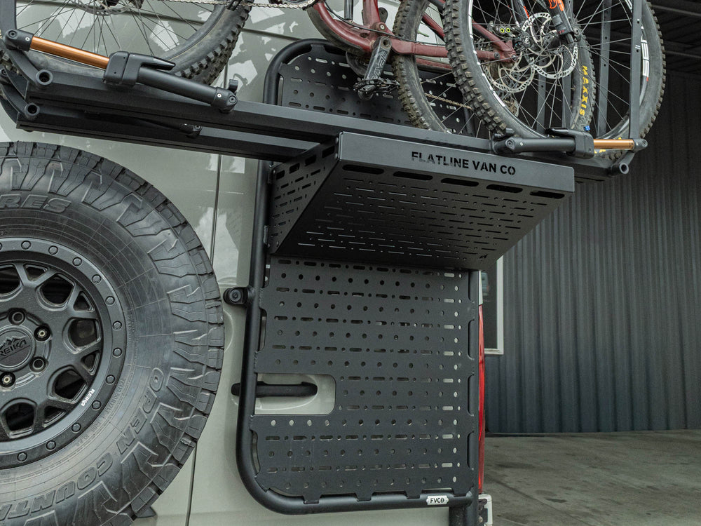 Rear Door Platform Bike Rack Adapter installed with room for attaching more gear