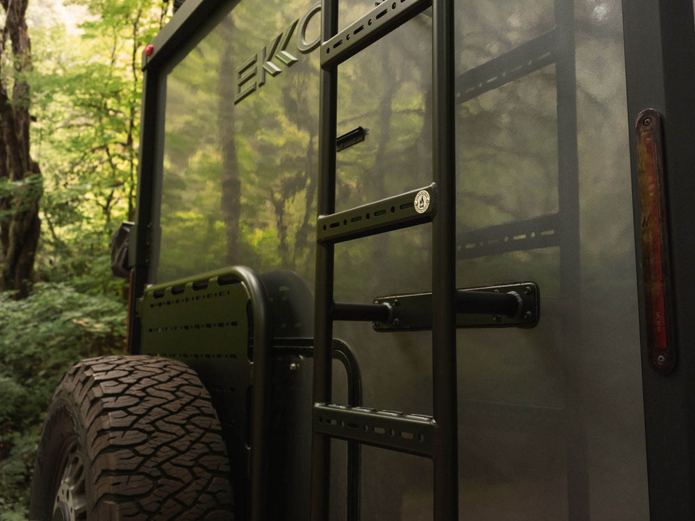 Close up view of installed Winnebago Ekko Rear Ladder with factory holes sealed 