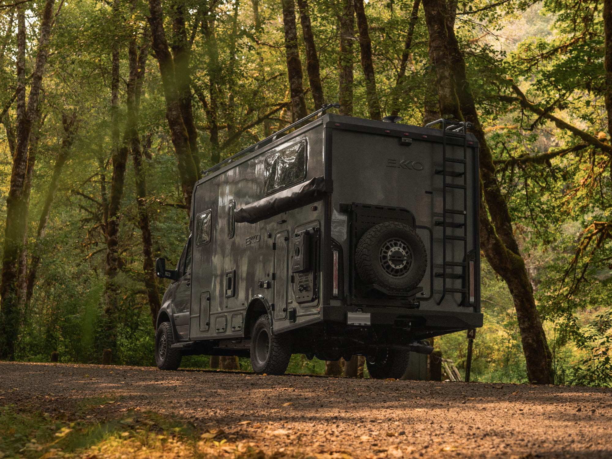 Winnebago Ekko Sprinter adventure rig with aftermarket rear platform gear carrier, spare tire mount, and upgraded rear ladder