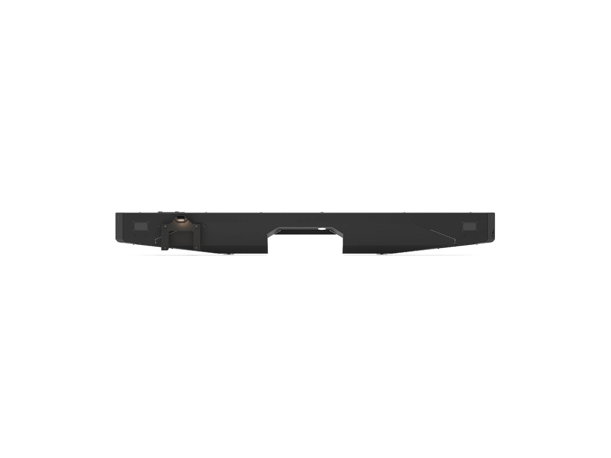 Front view of Winnebago Ekko Rear Bumper for Sprinter and Transit vans with illuminated license plate holder and cut-outs for rear lighting