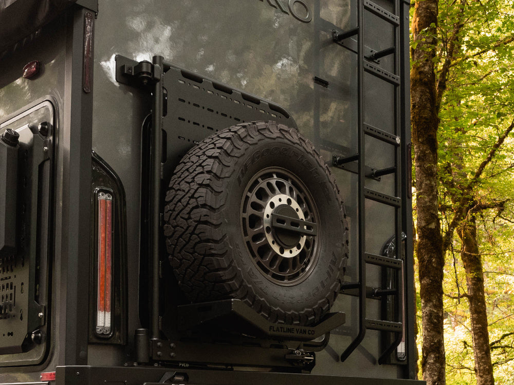 Winnebago Rear Platform Carrier installed with Tire Carrier mount and rear ladder better than stock