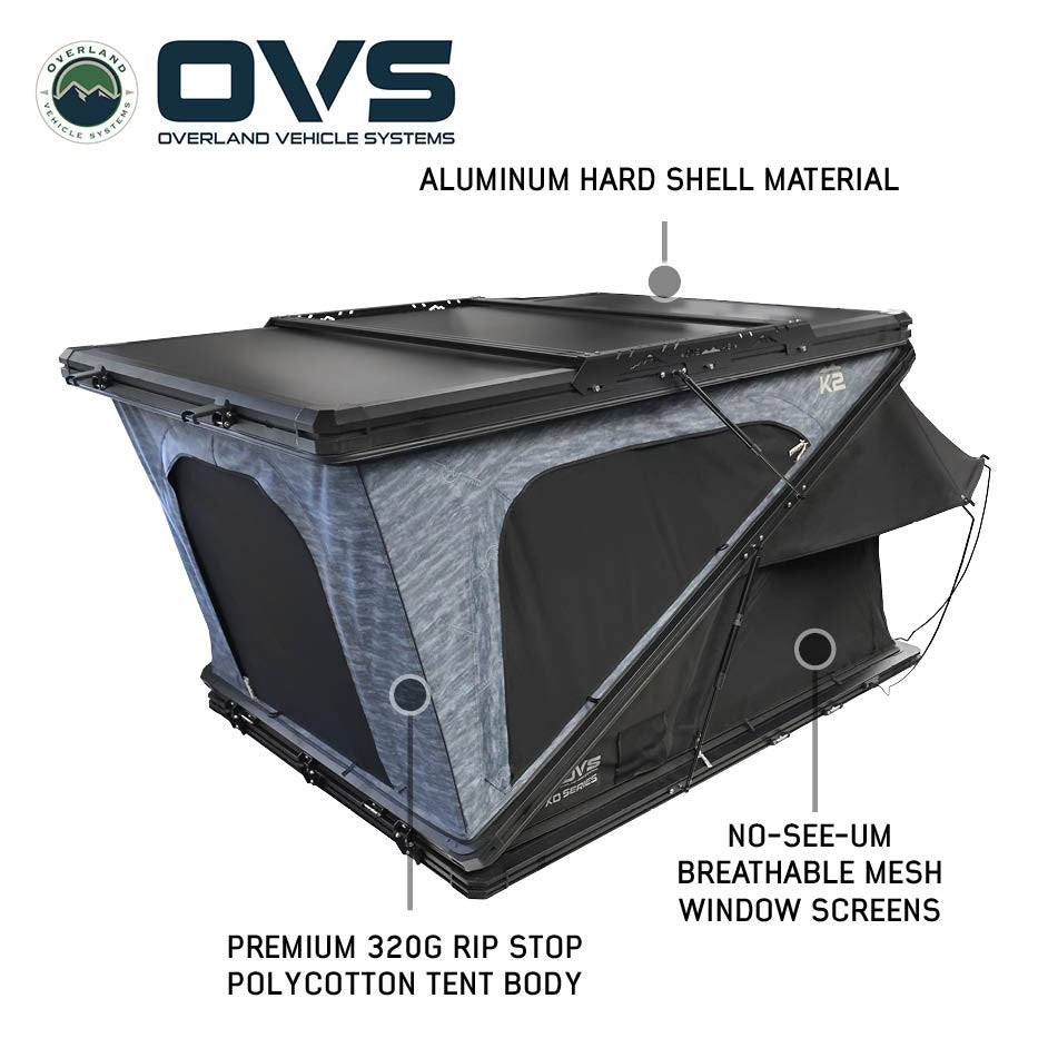 OVS XD K2 2-Person Clamshell Pop-Up Aluminum Hard Shell Roof Top Tent – Blue Body with Black Rainfly