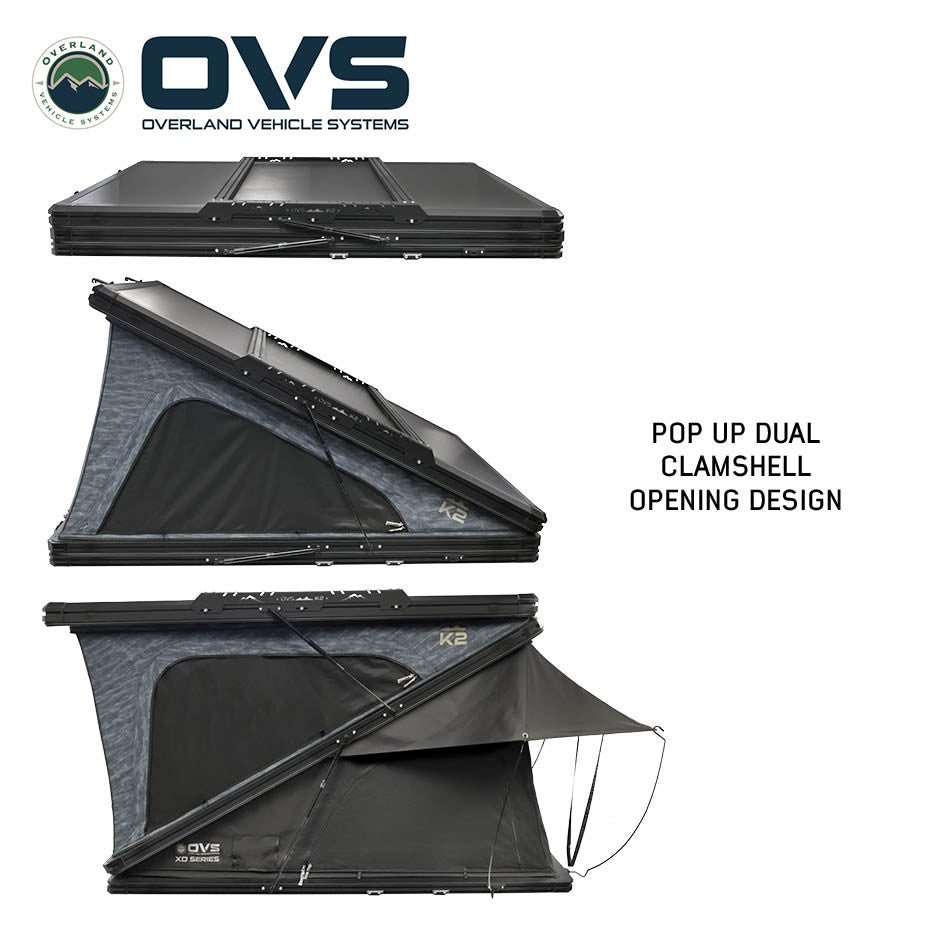 OVS XD K2 2-Person Clamshell Pop-Up Aluminum Hard Shell Roof Top Tent – Blue Body with Black Rainfly