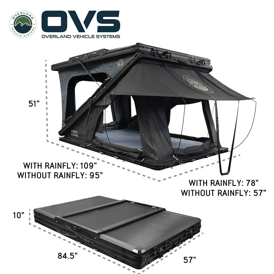 OVS XD K2 2-Person Clamshell Pop-Up Aluminum Hard Shell Roof Top Tent – Blue Body with Black Rainfly