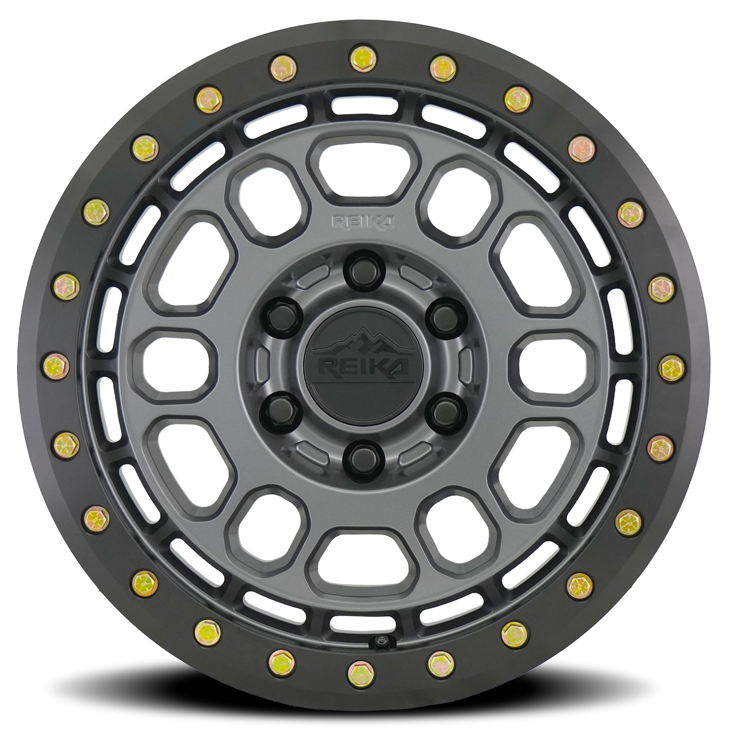 Reika R35 Rambler Beadlock wheel in Satin Gunmetal / Black E-Coated Ring – face view