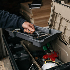 [A0090-DTRY-GRY] Man pulling a D-co Case cargo tray full of tools out of his Sixer