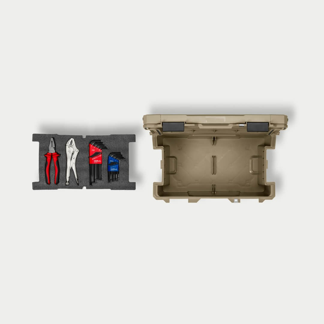 [A0011-SXFM-BLK] Tan Sixer open with Custom Foam for Sixer sitting next to it