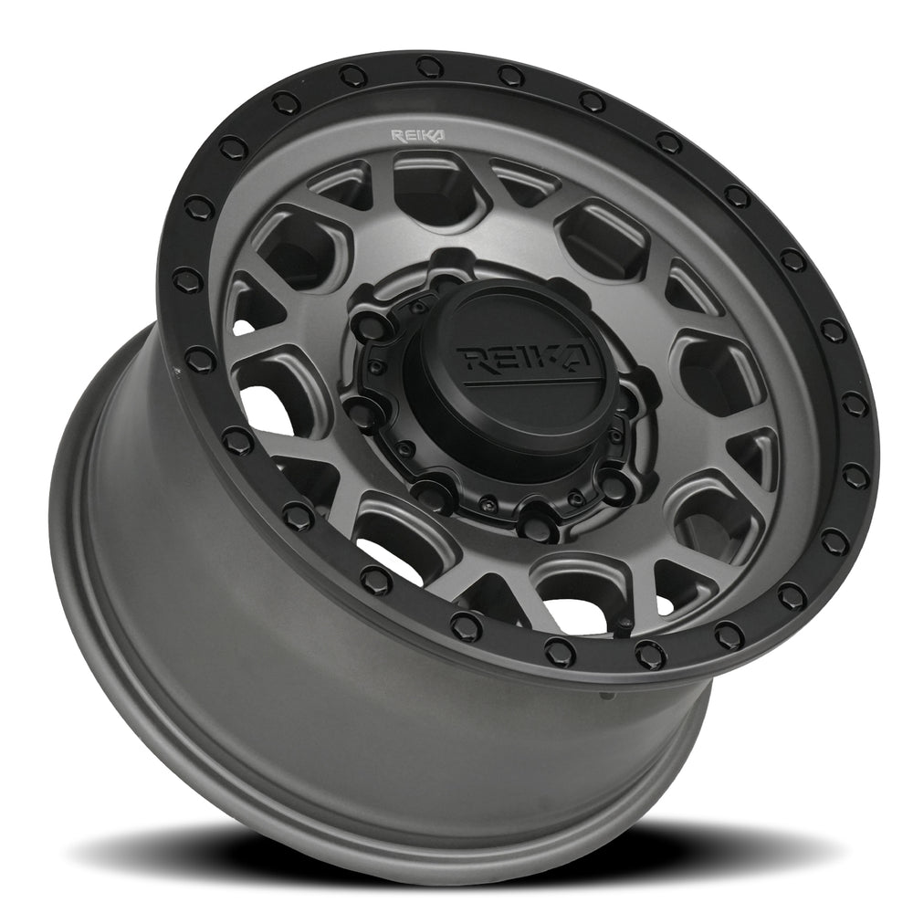 Reika R45 Marauder wheel in Gunmetal Grey / Satin Black Ring – lay-down view