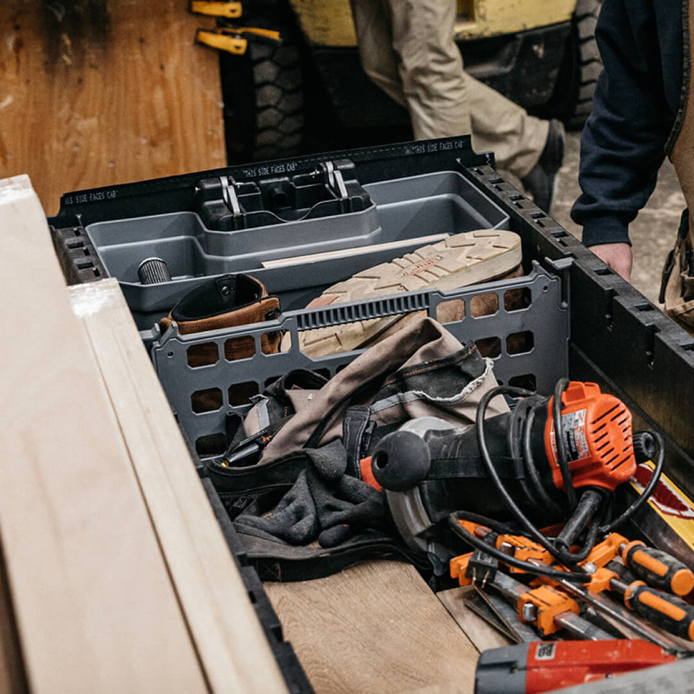 [A0083-4DIV-GRY, A0082-2DIV-GRY] Image of a Divider inside a drawer organizing power tools