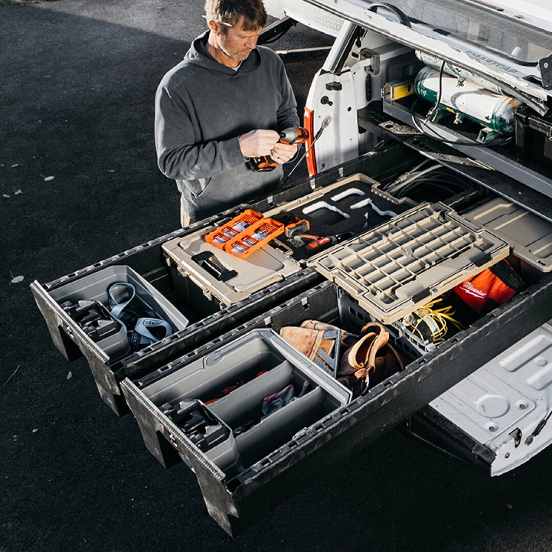 [A0081-DBDW-GRY] Power tools and other gear stored in a Double drawerganizer at the jobsite