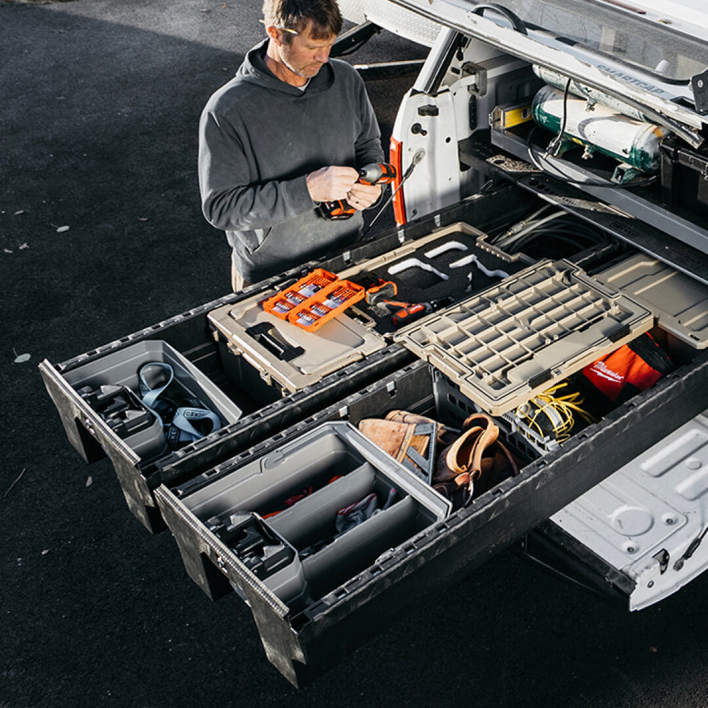 [A0081-DBDW-GRY] Power tools and other gear stored in a Double drawerganizer at the jobsite