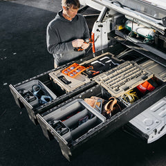 [A0081-DBDW-GRY] Power tools and other gear stored in a Double drawerganizer at the jobsite