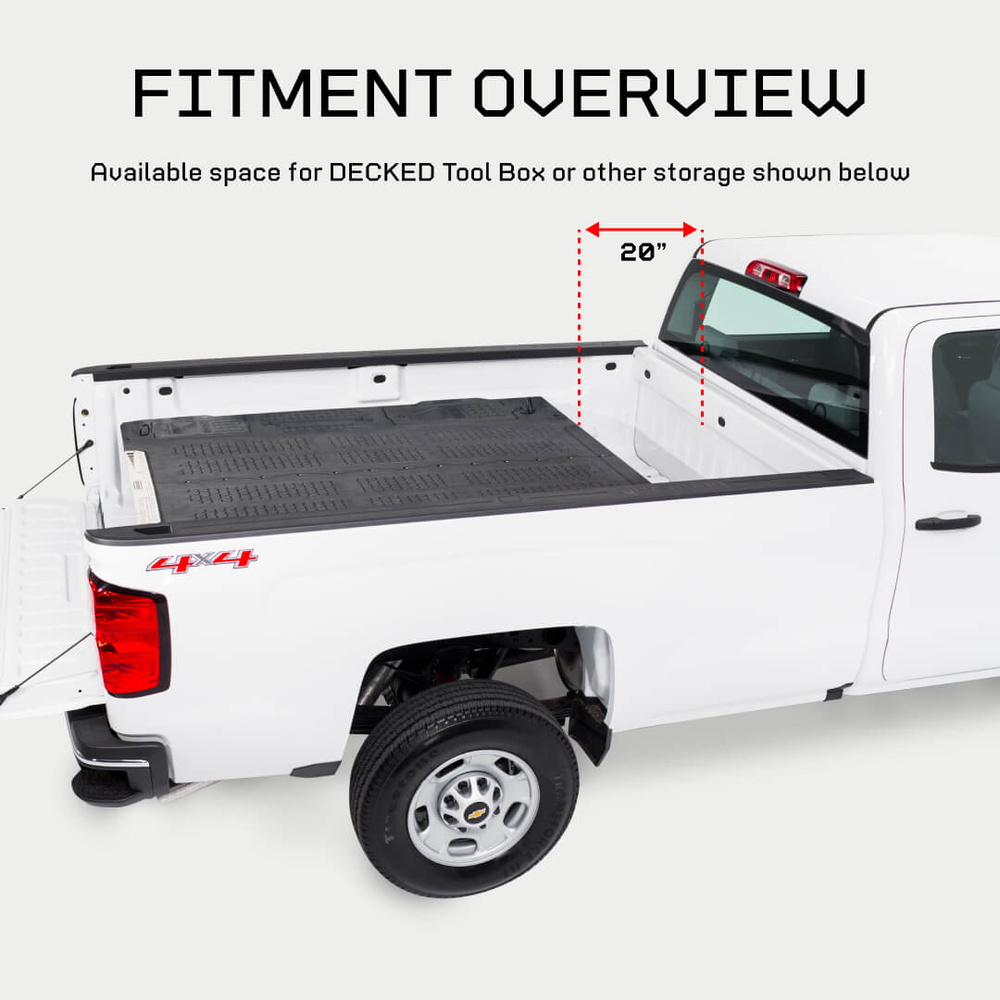 [XF6, XF7, XG5, XG9, XG10, XR5, XS4, XS5] Fitment overview of the Drawer System for 8 foot bed trucks, illustrating that there is a 20 inch gap between the end of the Drawer System and the truck's cab.