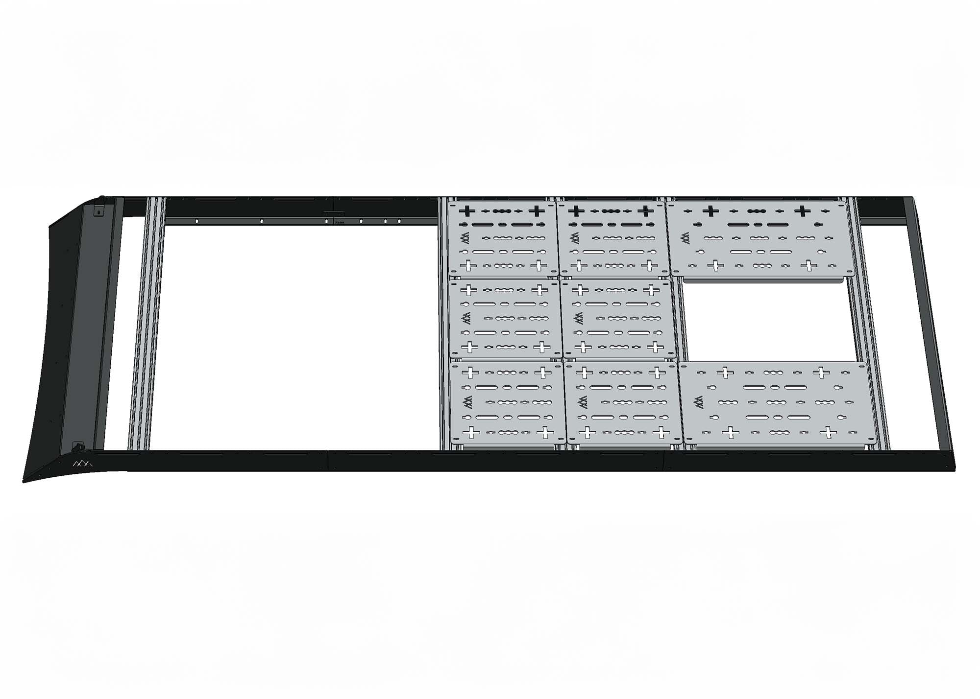 3D model of ROAMBUILT roof rack with decking from center to rear, featuring a single cutout for A/C unit or Maxxair fan near the rear.