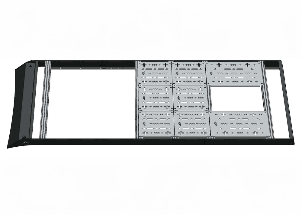 3D model of ROAMBUILT roof rack with decking from center to rear, featuring a single cutout for A/C unit or Maxxair fan near the rear.