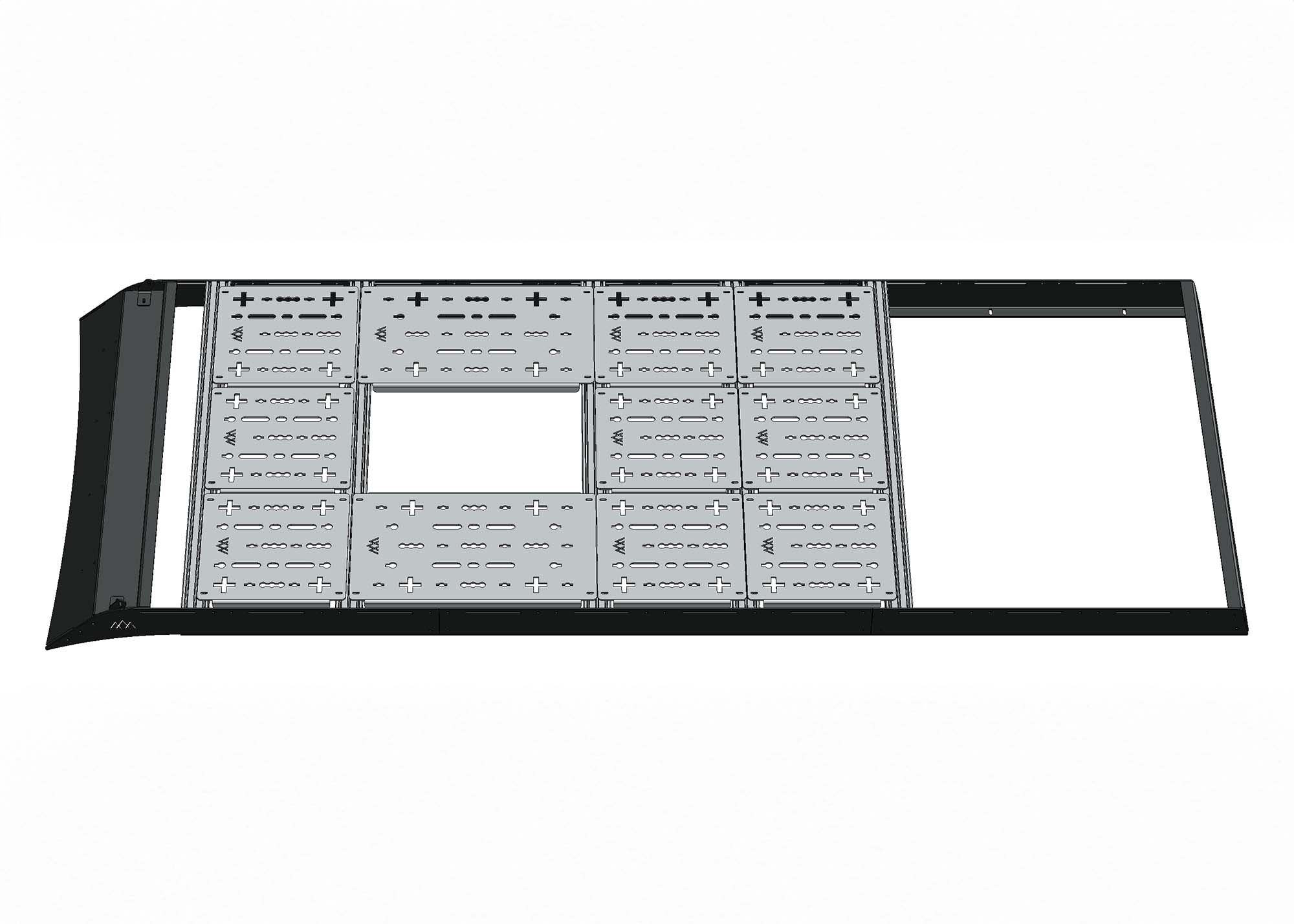 3D model of ROAMBUILT roof rack decked from front to middle, featuring a single cutout near the front for an A/C unit or Maxxair fan.