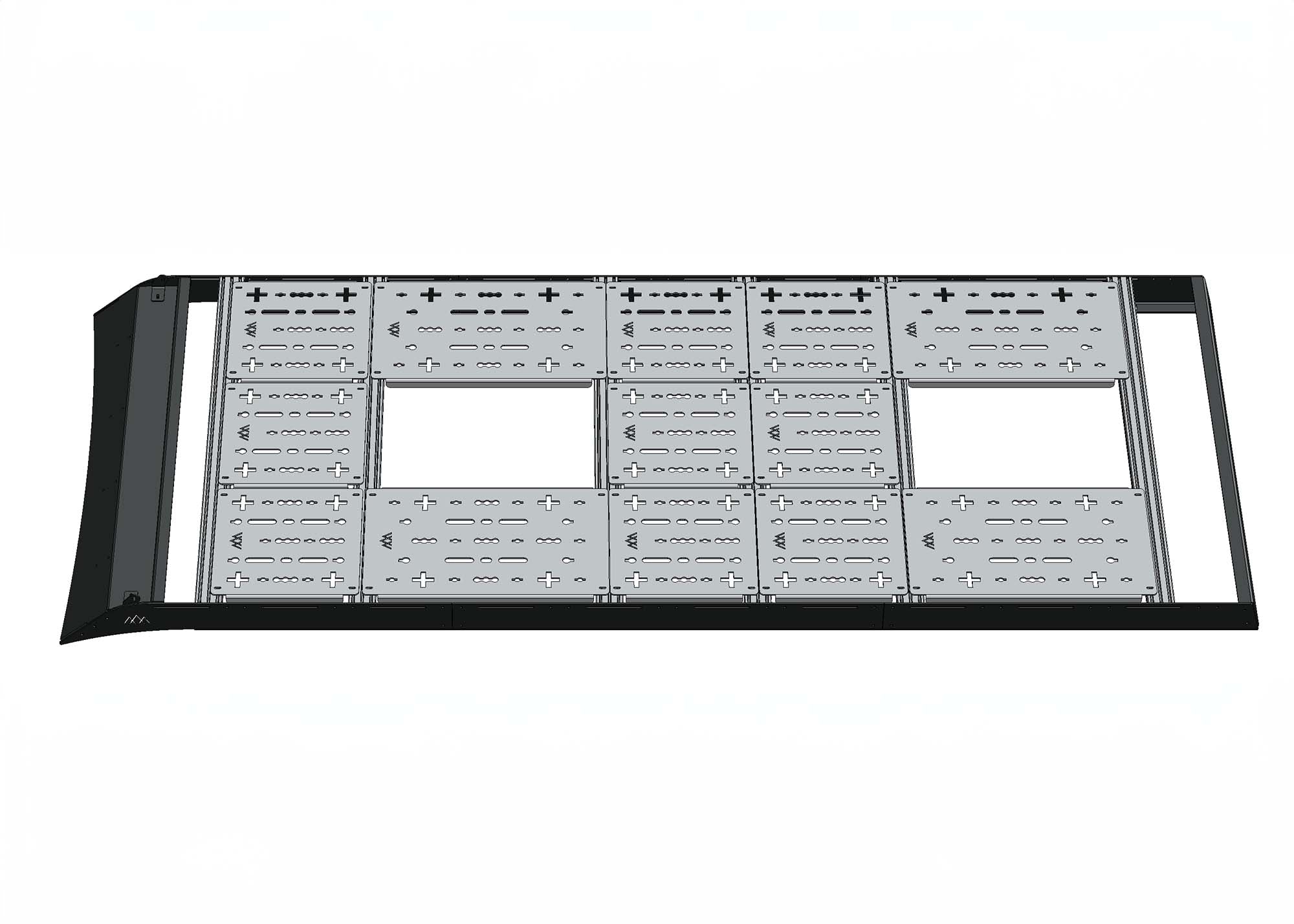 3D model of full ROAMBUILT roof rack deck with cutouts near the front and rear, designed to accommodate A/C units or Maxxair fans.