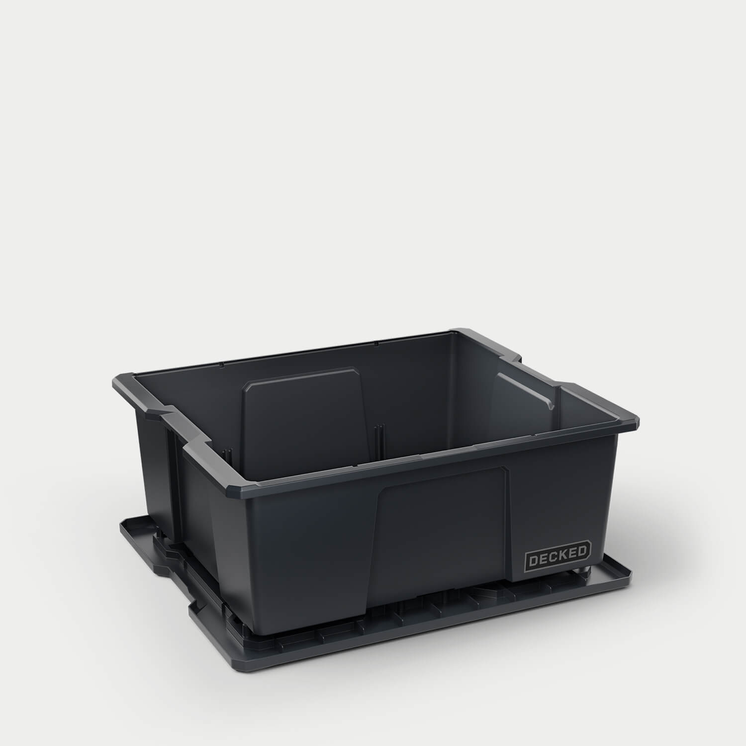 [A0041-DBIN-BLK, A0040-DBIN-BLK] One black Payloader bin, open on a white background with the lid sitting under the bin.