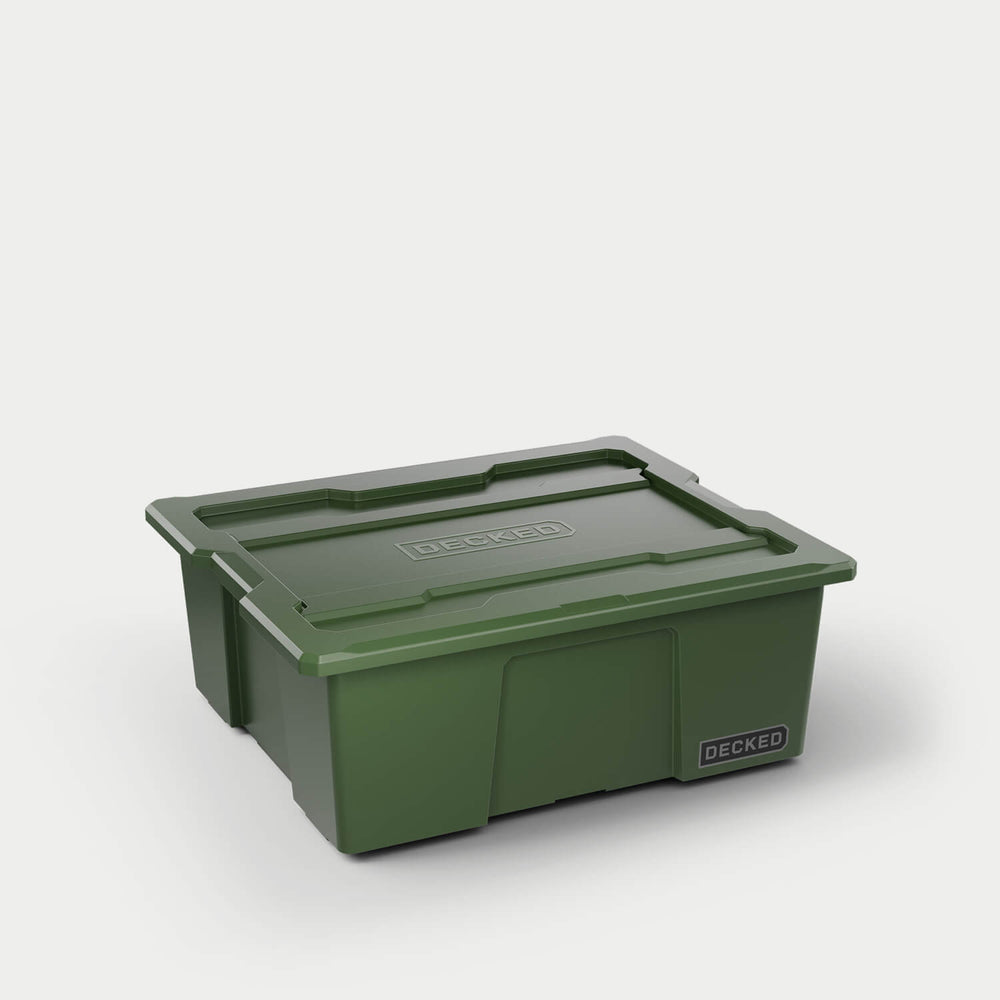[A0041-DBIN-GRN] One ranger green Payloader bin, closed on a white background with a DECKED logo in the bottom right hand corner of the bin.