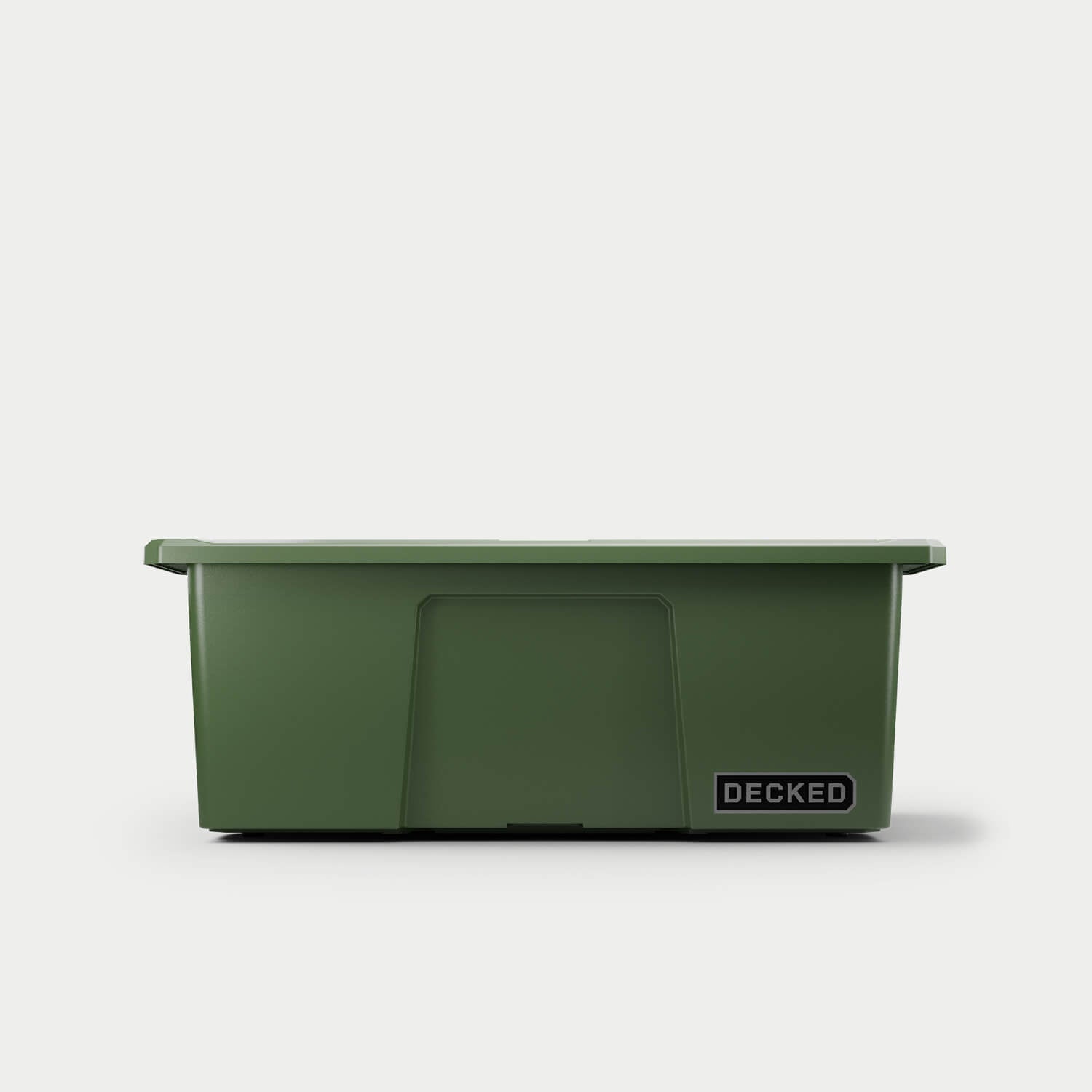 [A0041-DBIN-GRN] The front of one ranger green Payloader bin, closed on a white background with a DECKED logo in the bottom right hand corner of the bin.
