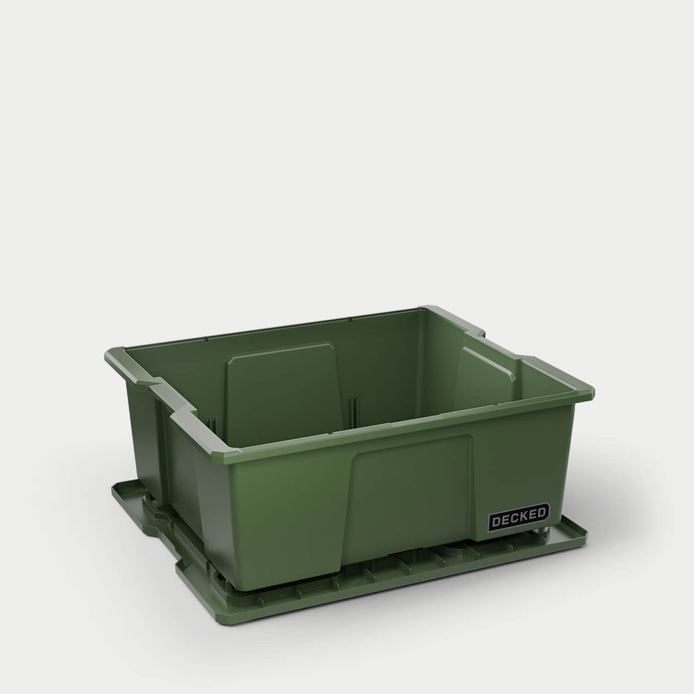 [A0041-DBIN-GRN, A0040-DBIN-GRN] One ranger green Payloader bin, open on a white background with the lid sitting under the bin.