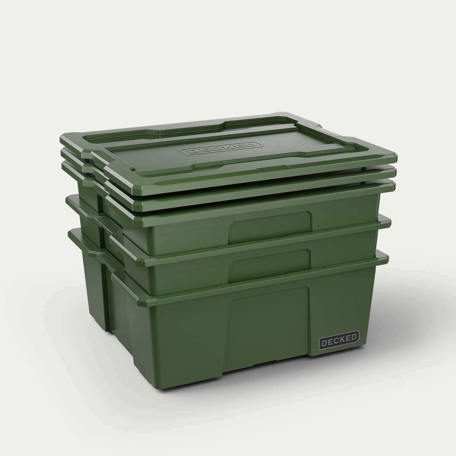 [A0040-DBIN-GRN] Three ranger green Payloader bins nested together with the three lids stacked on top. 