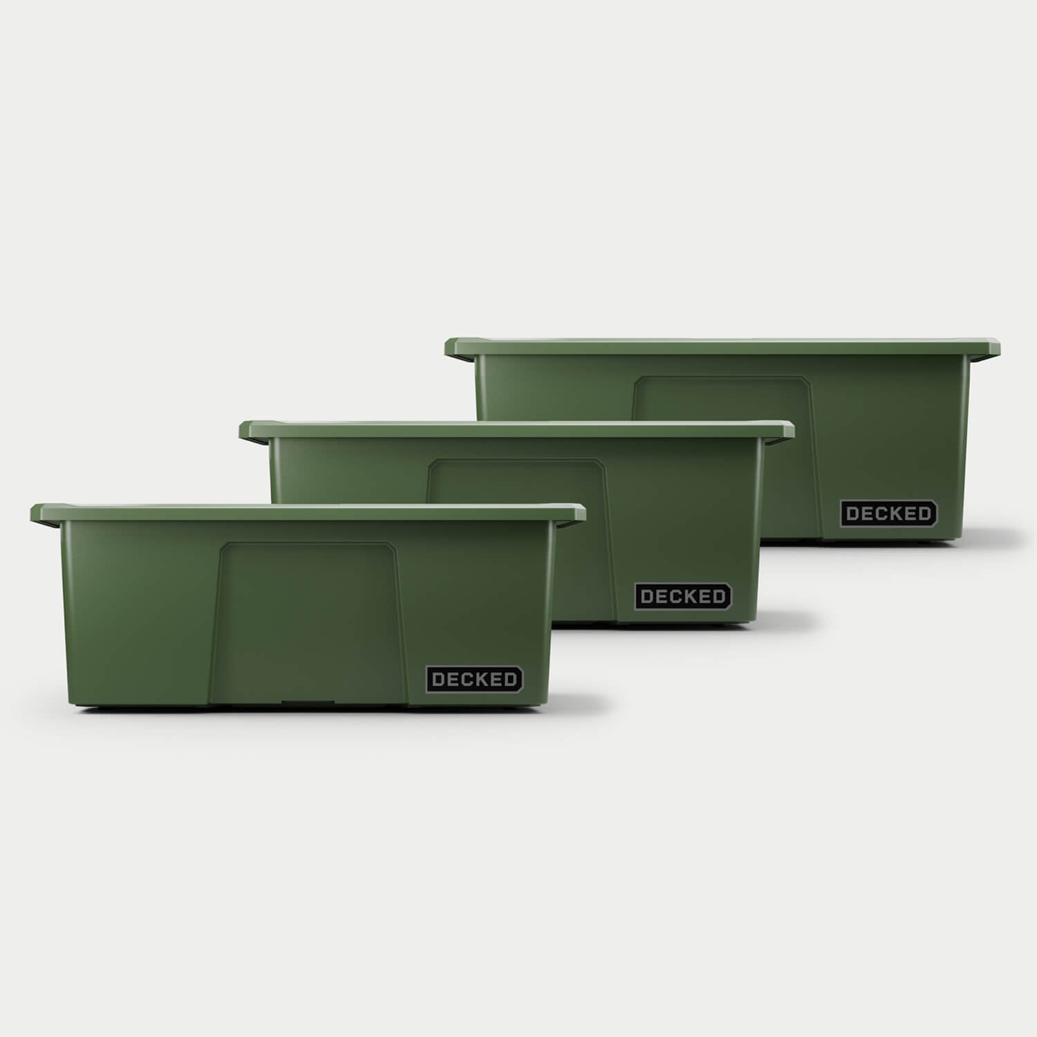 [A0040-DBIN-GRN] Three ranger green Payloader bins, closed on a white background, staggered diagonally.