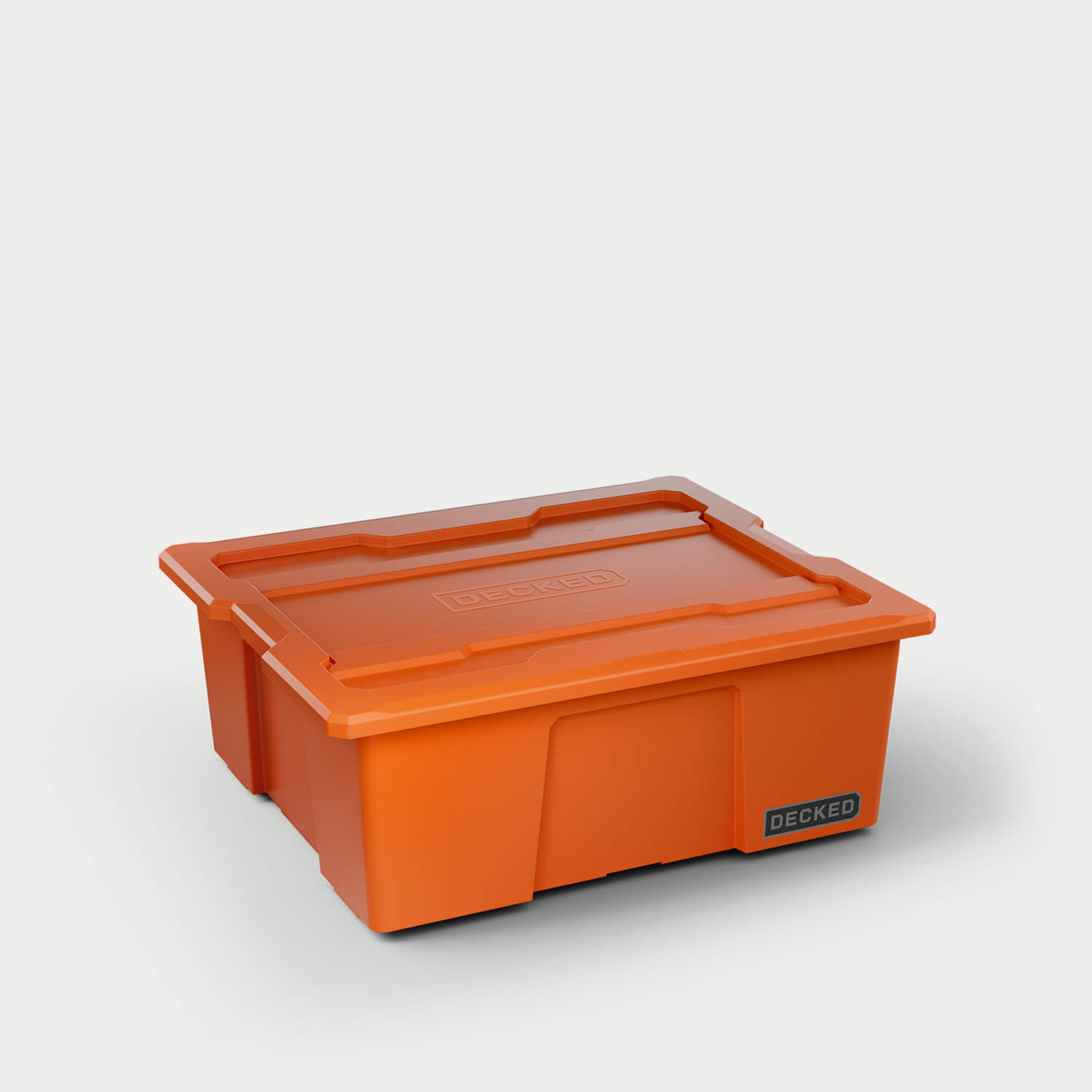 [A0041-DBIN-ORG] One blaze orange Payloader bin, closed on a white background with a DECKED logo in the bottom right hand corner of the bin.