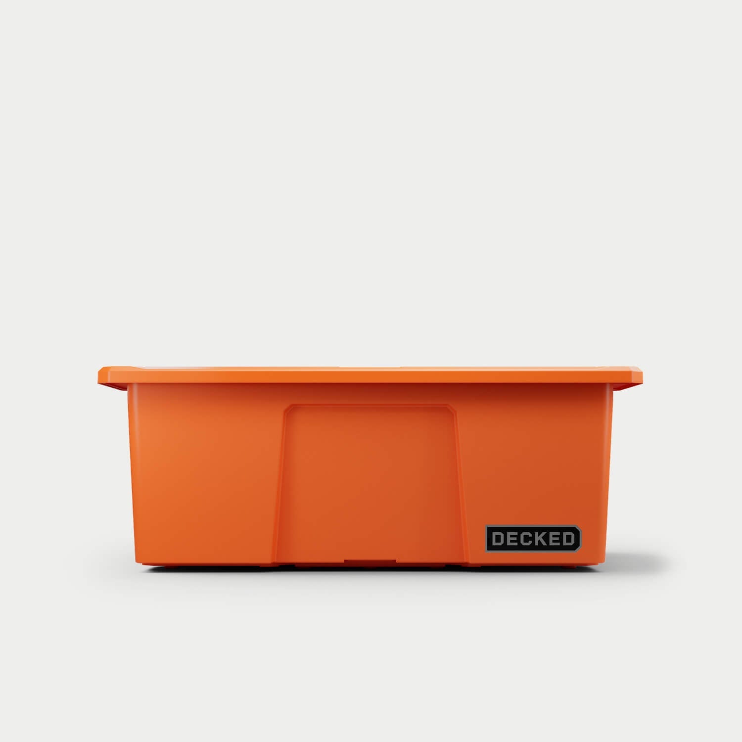 [A0041-DBIN-ORG] The front of one blaze orange Payloader bin, closed on a white background with a DECKED logo in the bottom right hand corner of the bin.