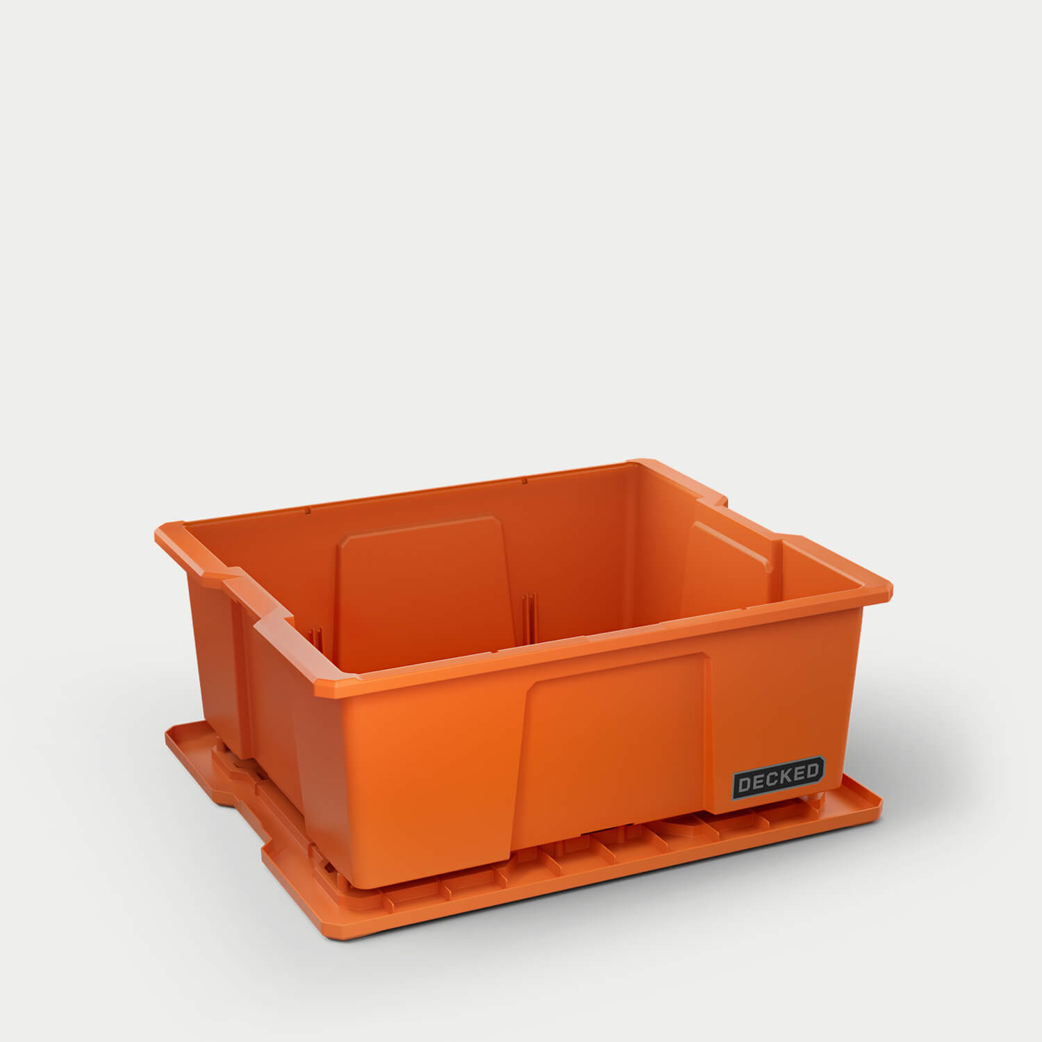[A0041-DBIN-ORG, A0040-DBIN-ORG] One blaze orange Payloader bin, open on a white background with the lid sitting under the bin.