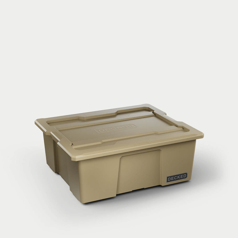 [A0041-DBIN-TAN] One desert tan Payloader bin, closed on a white background with a DECKED logo in the bottom right hand corner of the bin.