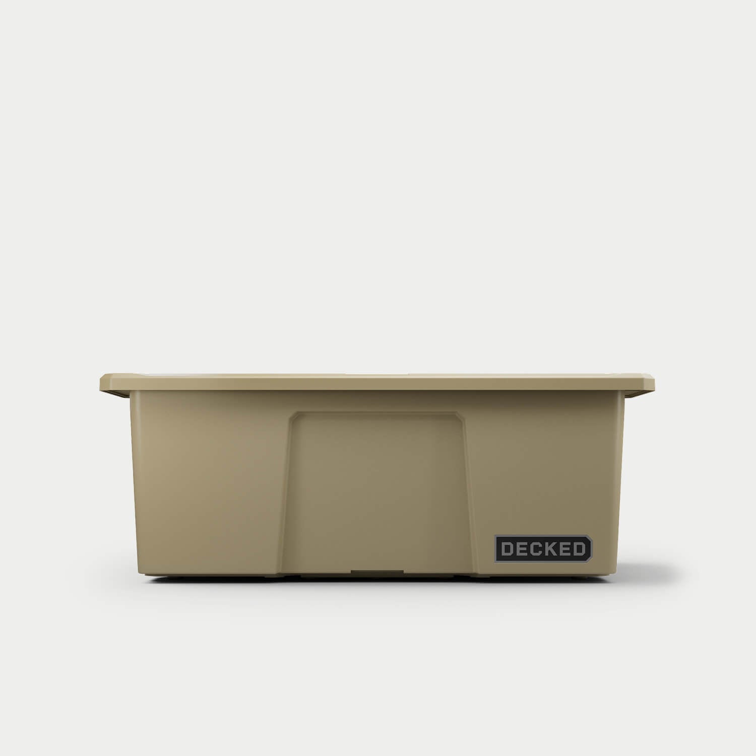 [A0041-DBIN-TAN] The front of one desert tan Payloader bin, closed on a white background with a DECKED logo in the bottom right hand corner of the bin.