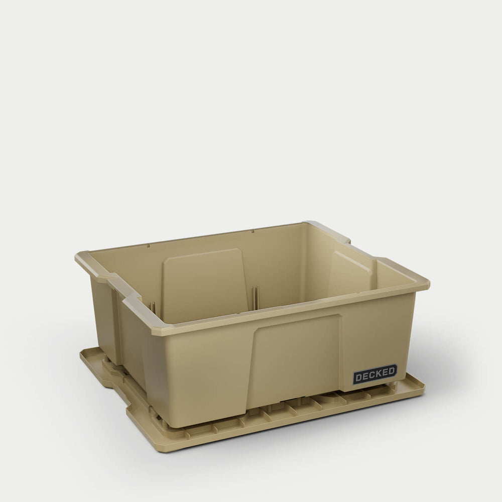 [A0041-DBIN-TAN, A0040-DBIN-TAN] One desert tan Payloader bin, open on a white background with the lid sitting under the bin.
