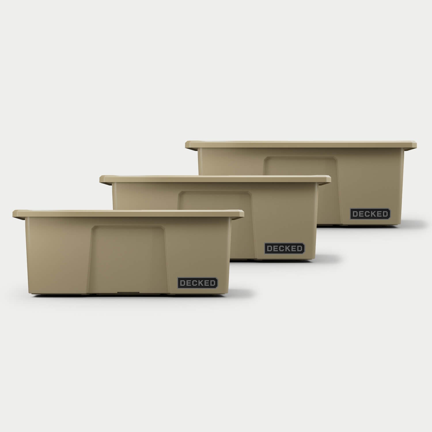 [A0040-DBIN-TAN] Three desert tans Payloader bins, closed on a white background, staggered diagonally.