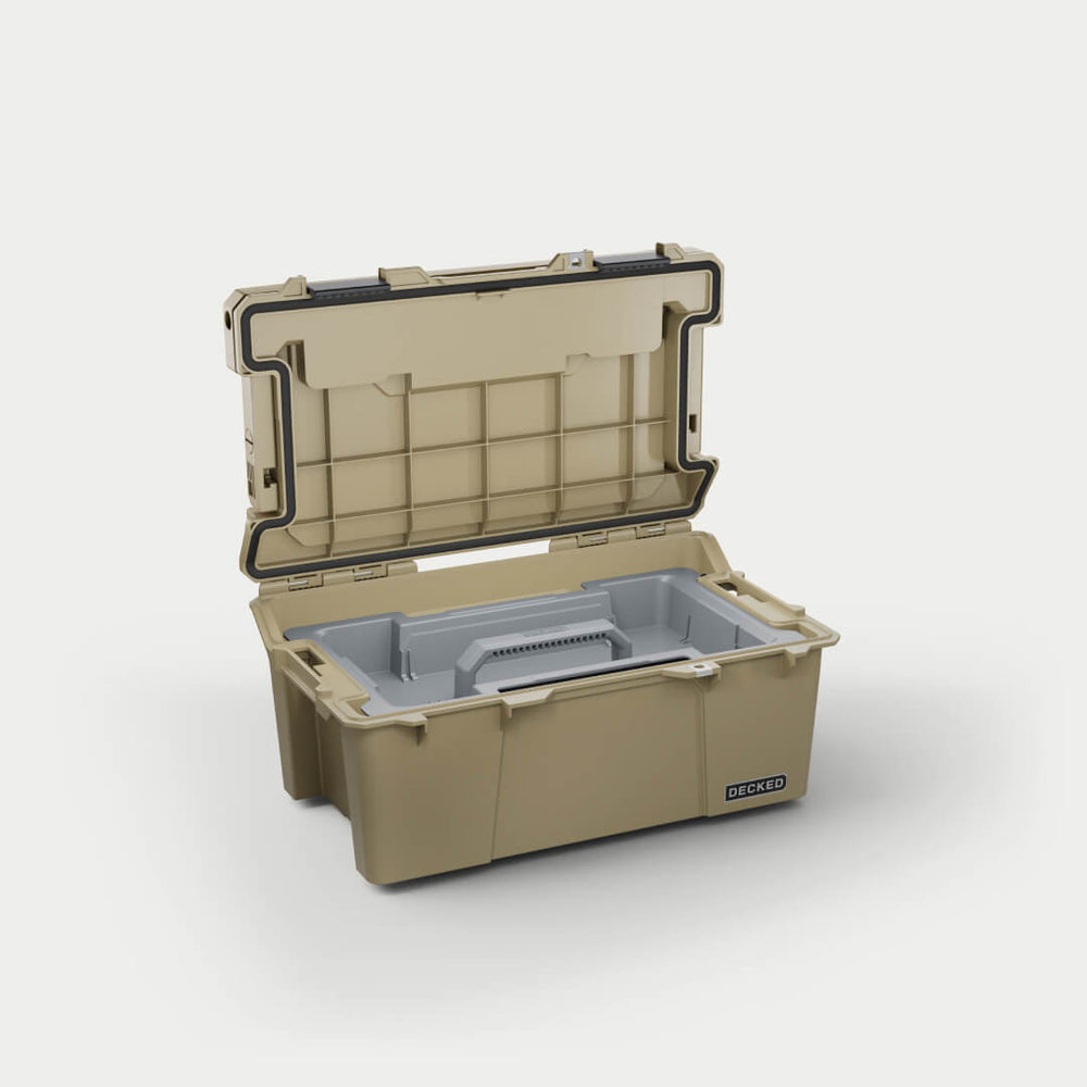 [A0010-SIXR-TAN] Side angle view of the Desert Tan Sixer 16 open with the D-co case cargo tray(included) inside.