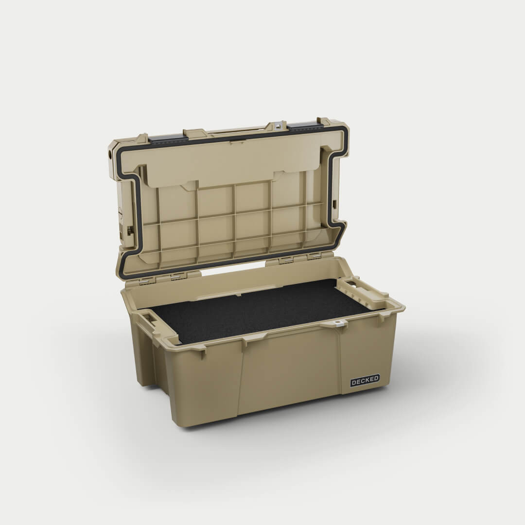 [A0010-SIXR-TAN] Side angle view of the Desert Tan Sixer 16 open with the custom foam inside (sold separately).