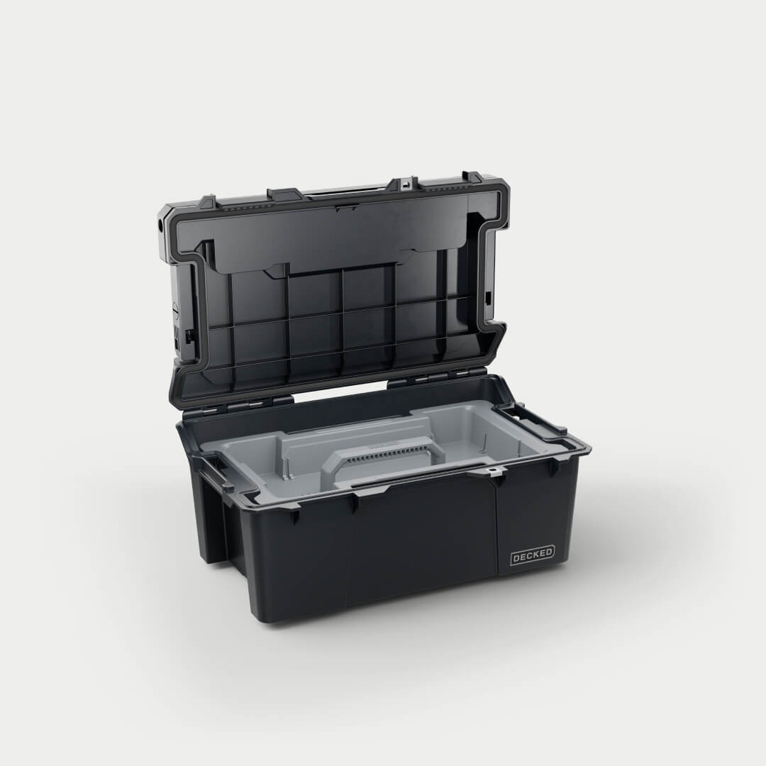 [A0010-SIXR-BLK] Side angle view of black Sixer 16 open with the D-co case cargo tray(included) inside.